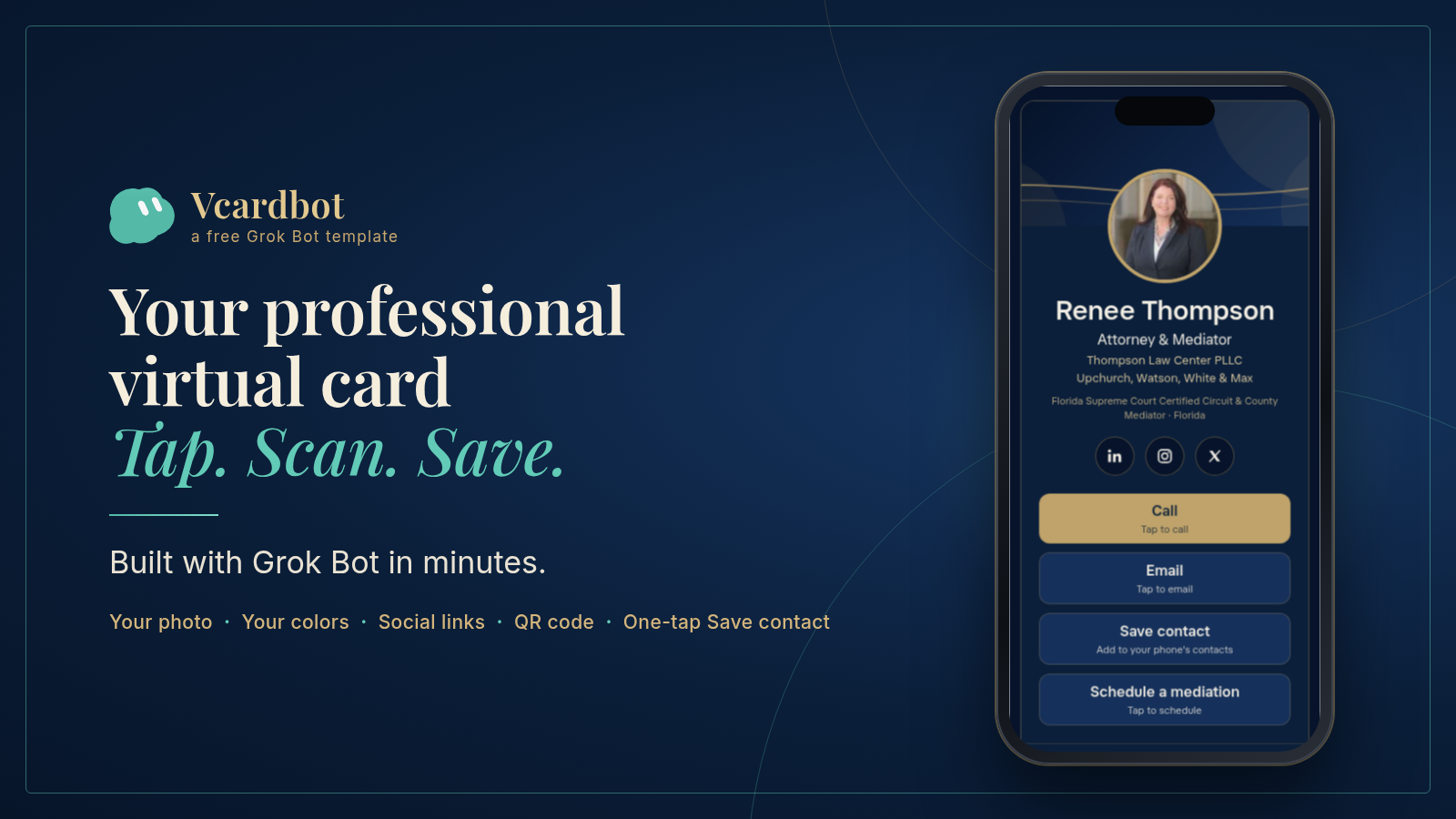 Vcardbot graphic: Your professional virtual card. Tap. Scan. Save. Shown on a phone.